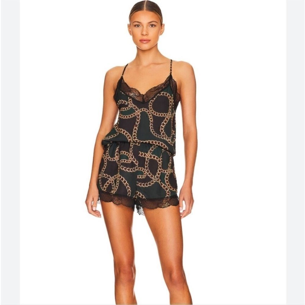 REVOLVE Plush SILKY PAJAMA Chain Link Pajama Set Black & Green small NWT - Picture 1 of 9